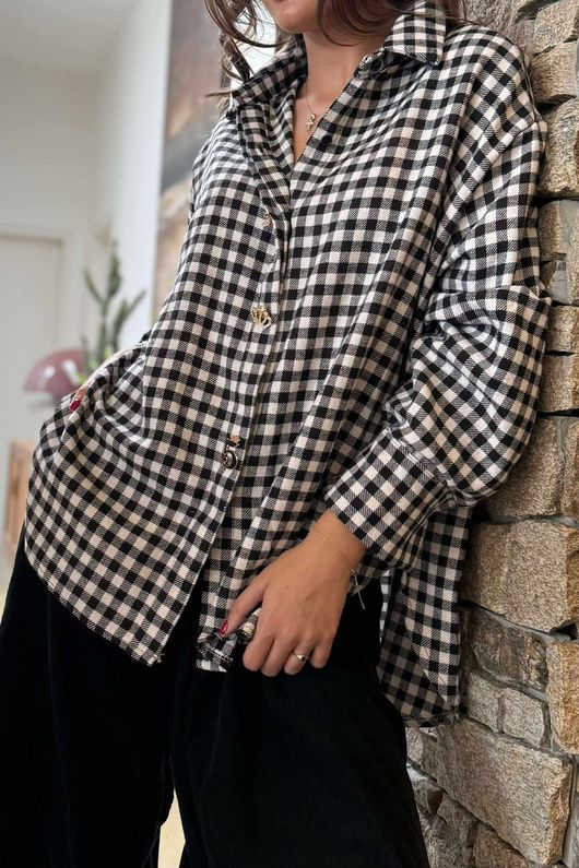 Zeta Otto Brushed Cotton Plaid Shirt Black Ecru